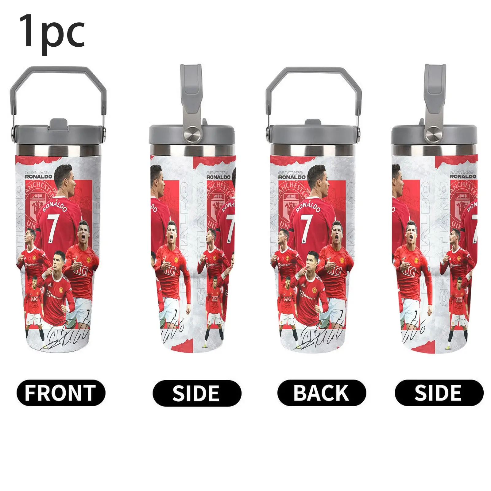 1pc 30oz Cristiano Ronaldo Man Utd Career Collage Tumbler with Straw & Handle | Stainless Steel Insulated Mug with CR7 Red Devils Legacy Design | Leak-Proof, Keeps Drinks Cold 24H | Ideal Gift for United Fans & CR7 Collectors