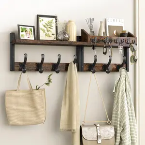 29" Coat Rack Wall Mount with Shelf, 4 in 1 Coat and Key Hanger with 11 Metal Hooks, Entryway Wall Mounted Shelf with Mail Holder for Living Room, Bedroom, Rustic Brown