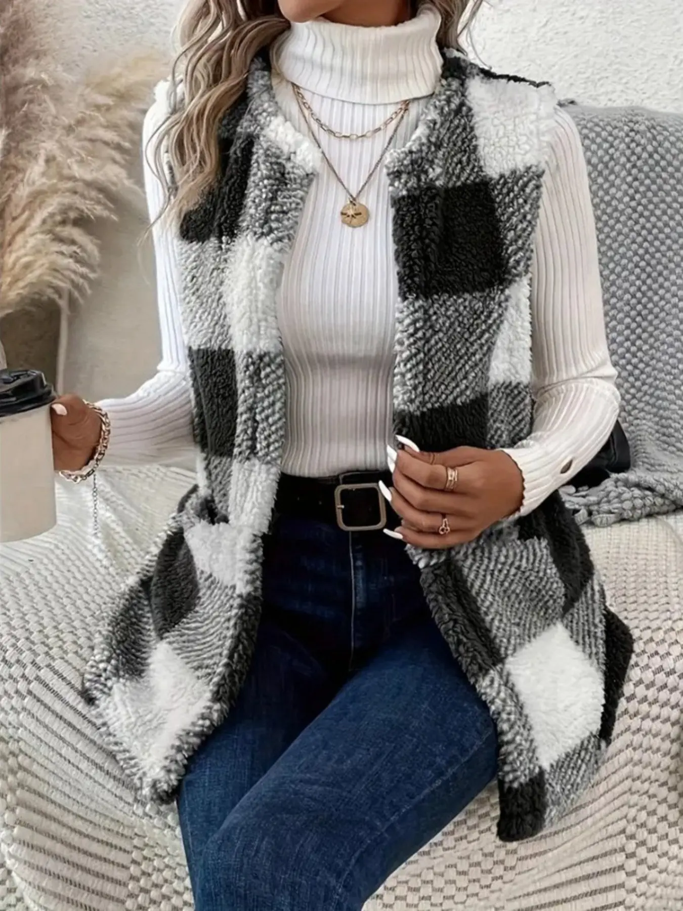Women's New Style Loose Fit Plaid Cardigan Vest with Pockets, Casual Everyday Fall & Winter Fashion Jacket, Outerwear, Clothes