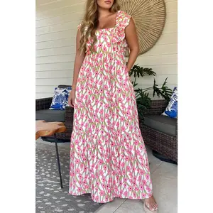 Pink Plus Size Ruffle Trim Square Neck High Waist Floral Maxi Dress