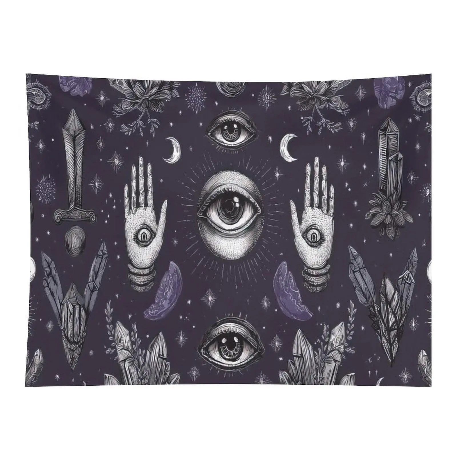 Purple Dark All-Seeing Eye Witch Crystal Palm Moon Wall Tapestry Wall Hanging - Mystic Occult Tarot Witchy Divination Room Dorm Decor Backdrop
