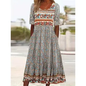 Plus Size Boho Dress, Women's Plus Paisley Floral Print Short Sleeve Round Neck Medium Stretch Pleated Dress