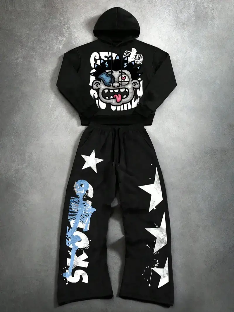 Cartoon Skull Graphic Hoodie & Wide Leg Sweatpants Set – Unisex Oversized Streetwear Tracksuit, Gothic Y2K Pullover Hoodie & Baggy Pants Outfit, Casual Hip Hop 2-Piece Set S-5XL