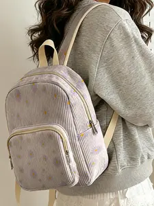 1 piece of daisy pattern 2D printed lady's backpack, corduroy texture + layered storage + light weight reduction | perfect for students going to class/shopping/short trips | combines atmosphere with practicality