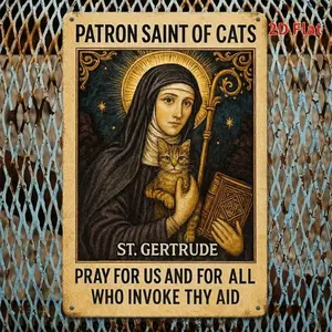 2D Flat - A Vintage-Style 2D Flat Christmas Sign Showcasing Saint Gertrude with a Cat, Along with a Latin Prayer And a Religious Plaque, Perfect for Decorating Your Home