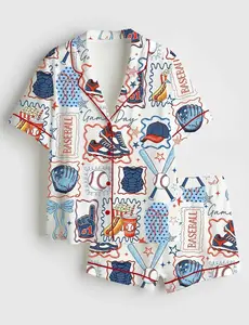 Women Baseball Game Day Pajama Set Bat Glove Hot Dog Popcorn Print Loose Comfy 2PC Satin Short Sleeve Shorts Summer Sleepwear Baseball Mom Gift Casual