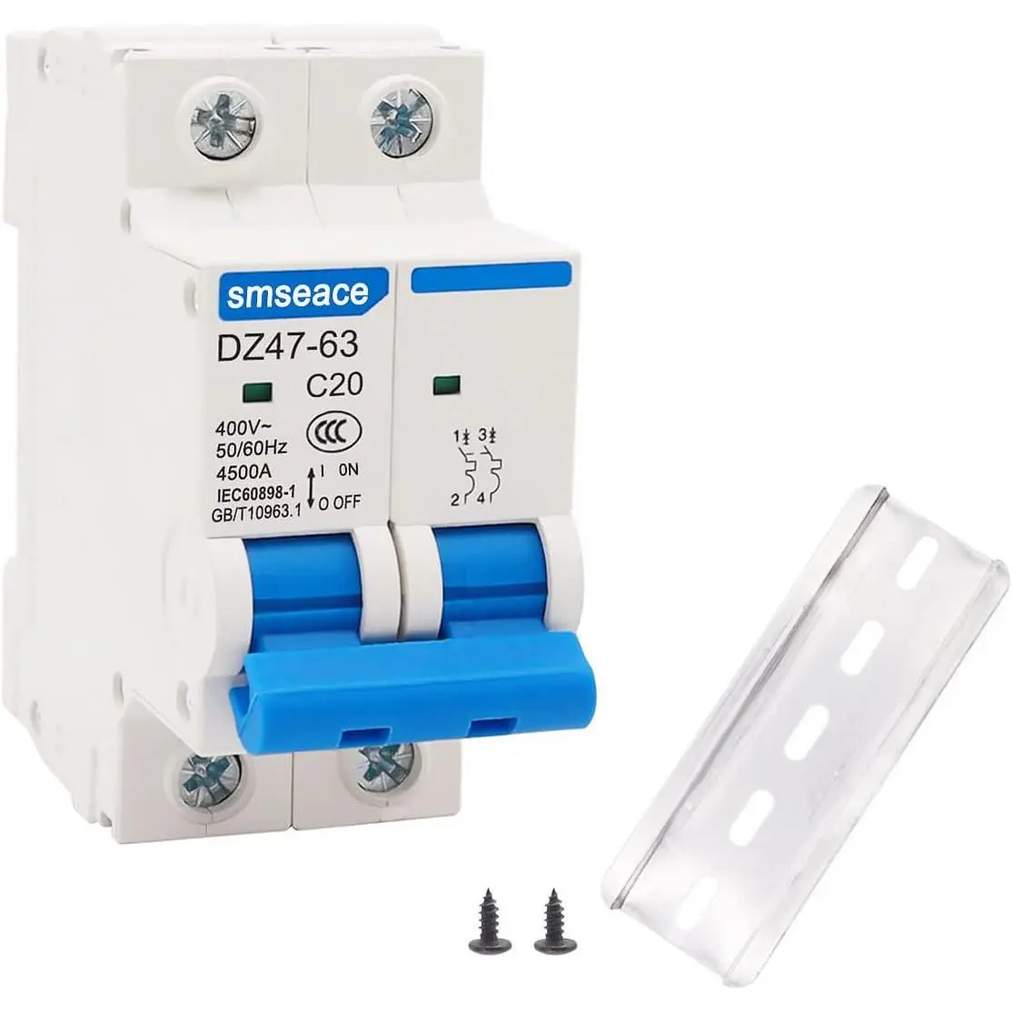 20A 2-Pole Low Voltage AC Miniature Circuit Breaker - 220V/400V, AC 50Hz/60Hz, Compact, Light Weight, Overload Protection, PC Plastic, Guide Rail Installation, Long Service Life, High Performance for Houses and Buildings, Din Rail Fit