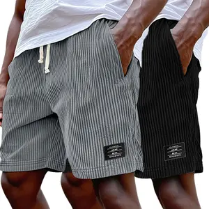 Men’s Summer Retro Corduroy Shorts — Striped Solid Color, Straight Cut, Elastic Waistband, Casual Style