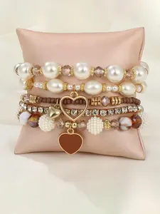 Boho Style Faux Pearl & Rhinestone Decorated Heart Charm Bracelet, Fashion Vintage Jewelry for Women & Girls, Trendy All-match & Exquisite Jewelry for Birthday Gift