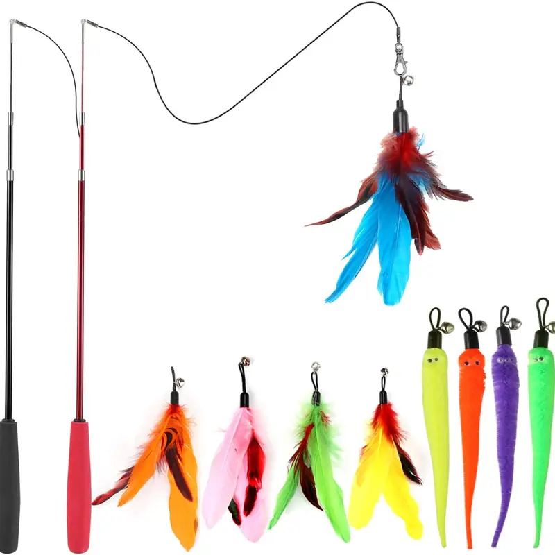 Interactive Cat Toys for Indoor Cats - 2PCS Retractable Nylon Wand Toys (15” to 38.9”), 9PCS Plain Feather Refills, Fishing Pole Design for Bored Kittens to Chase, Release Energy and Exercise