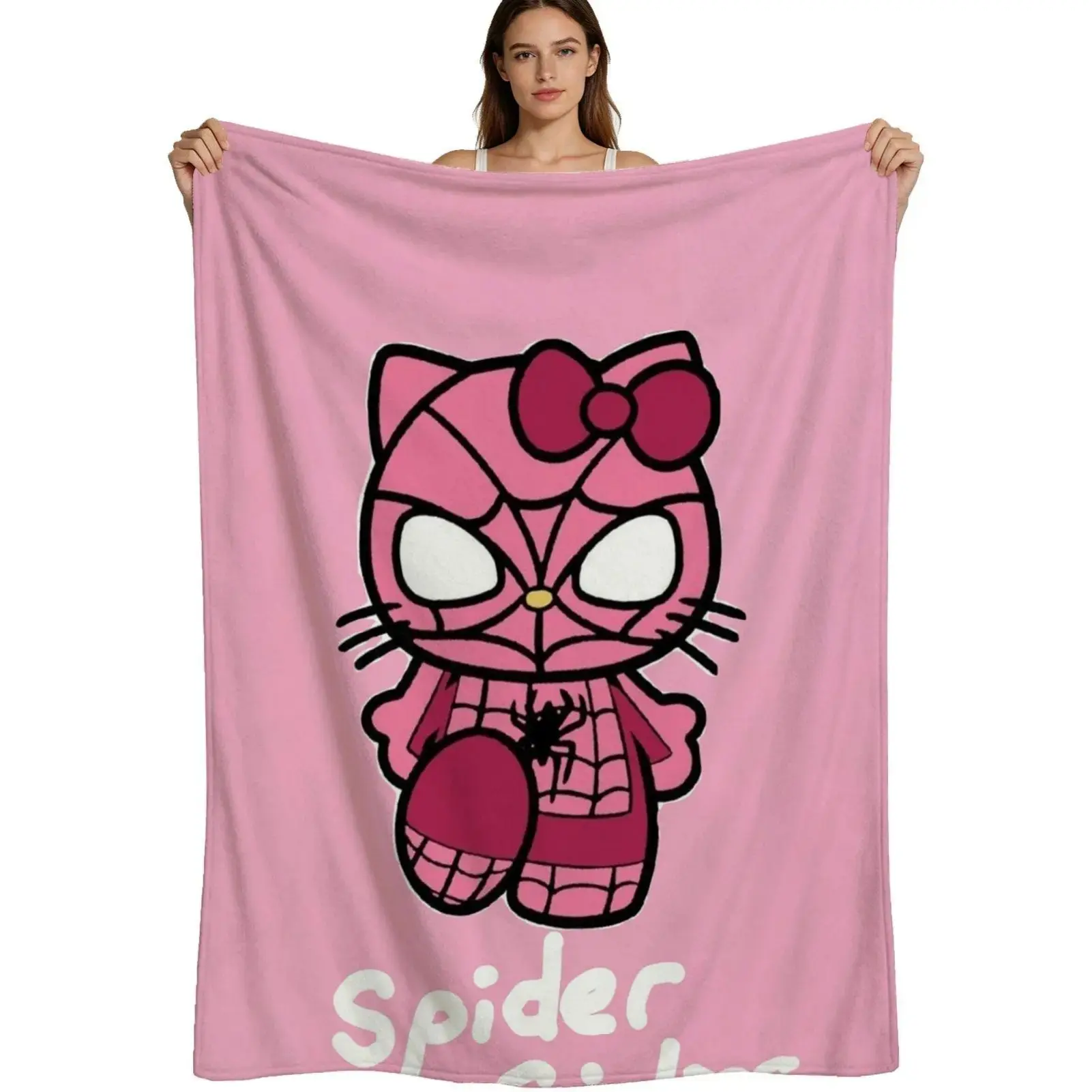 Pink Spider Girl Hello Kitty Cartoon Flannel Blanket - Soft Plush Fabric, Clear Print, Kids Girls Bedroom Decor, 4 Sizes Available, Single Pack