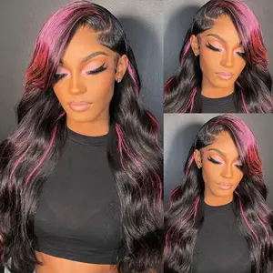 32 Inch Ombre Lace Front Wig Human Hair Pre Plucked 13x6 1B/Pink Body Wave Highlight Lace Front Wigs Human Hair Colored 180% Density Pink Highlight Wig Human Hair HD Frontal Wigs Human Hair