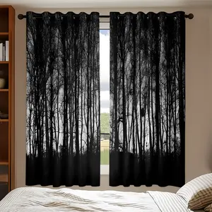 2panels Dark Forest Tree Silhouette Blackout Curtains, Natural Landscape Print, Contemporary Style, 72 Inch Width, Ideal for Living Room & Bedroom Decor