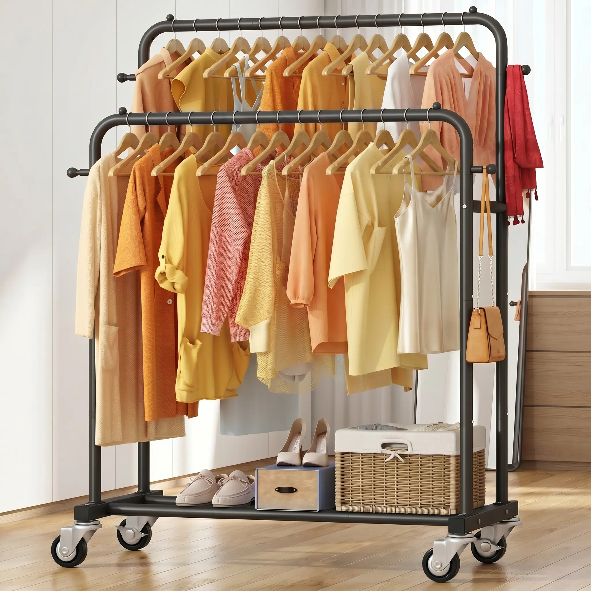 UDEAR Double-Rod Movable Garment Shelf with Wheels and 4 Hooks, Multi-functional Hangers Bedroom Clothes Organiser Laundry Racks Hangable #Summerwins/#fathersdaygift/#Summer garden