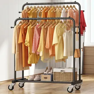 UDEAR Double-Rod Movable Garment Shelf with Wheels and 4 Hooks, Multi-functional Hangers Bedroom Clothes Organiser Laundry Racks Hangable #Summerwins/#fathersdaygift/#Summer garden