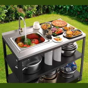 36"H Outdoor Kitchen Sink Station, Outdoor Sink with Hose Hook Up, Stainless Steel Outdoor Utility Sink with Countertop, Freestanding Laundry Sink for Backyard, Garage, Patio, Restaurant