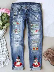 Christmas Snowman Fashion Print Jeans, Distressed Design, Cat Whisker Craftsmanship, Breathable Comfort Fabric, Fitted Long Denim Jeans, High Quality Jeans