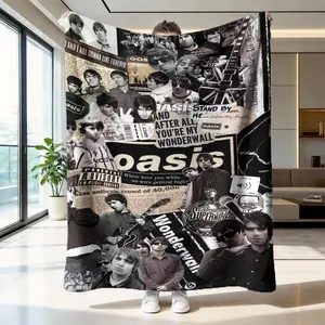 Oasis Oasis Band Flannel Blanket, Soft Skin-Friendly Warmth, Sofa Bedroom Nap Multi-Scene Use, Classic Style Print Pattern, Flannel Throw Blanket