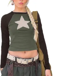 Women's Vintage Street Style Star Print Short Top, Colorblock Shoulder Pad Tight Fit Waist Show Long Sleeve Tee, Streetwear, Womenswear