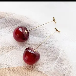 Soft Cherry cute dangle earrings Female Elegant Plastic Metal Coating Casual