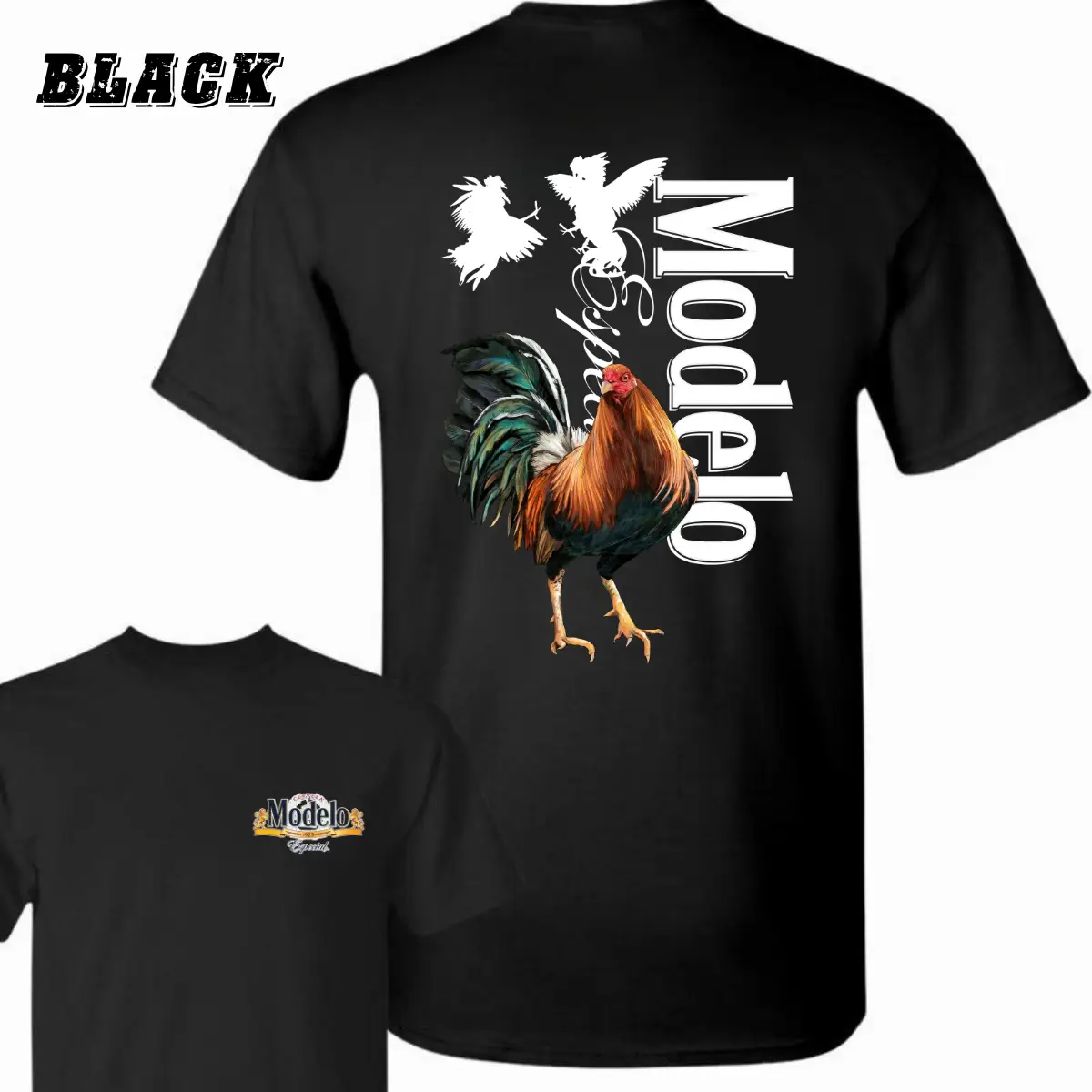 Modelo Rooster T-Shirt - Bold Rooster Graphic With Dynamic Fighting Cocks , Perfect For Beer Lovers And Fiesta Enthusiasts , Casual Daily Wear , Relax