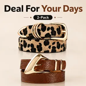 【Deal For Your Days】2-Pack Women's Belts Risantry Leopard & Brown with Gold Buckle – Trendy Animal Print for Summer Outfits, Jeans & Dresses