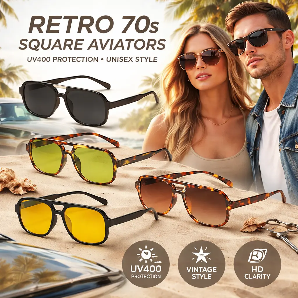 4-Pack Oversized 70s Retro Aviator Sunglasses – UV Protection Square Shades for Men & Women – Trendy Vintage Sunglasses Set