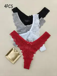 4 PackWomen's Floral Lace Bow Patchwork Low Waist Thong Panties, Breathable Ladies Underwear, Comfortable All-Day Wear, 4 Pack, Fashion Comfy Underwear