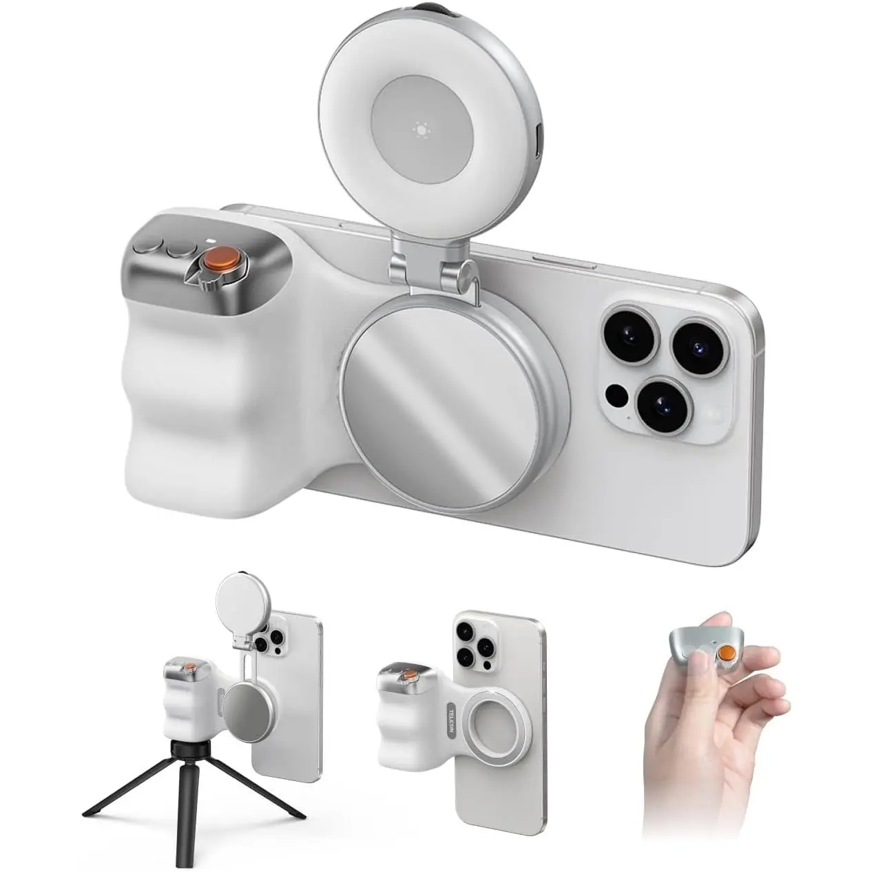 Detachable Magnetic Mobile Phone Grip with 1/4"-Tripod Mount, Bluetooth Wireless Remote Control Accessories for Travel, Compatible with iOS & Android, Bag-Friendly Design