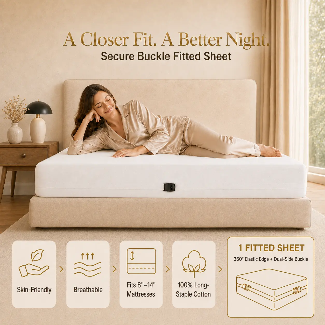 Fitted Sheet Only with Dual Side Lock System, Stayres Tight No More Slipping Off for Mattress, Egyptian Cotton Ultra Soft, Wrinkle Free Extra Deep Pockets Fits 8-14Inch Mattress luxurious comfort bed linen breathable hotel quality bedding
