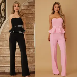 Ruffled Up Strapless Jumpsuit with Ruffle Flare Flap Top Trim Belt Chain on Waist Solid Flare Pants Elegant and Classy Zipper on the Back