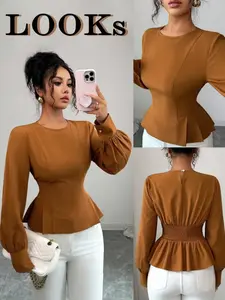 A women's caramel brown round-neck fitted crop top with ruffled hem and long sleeves, Casual, retro style, seams tailored for a slim fit, pearl decorations on cuffs, hem features pleated design