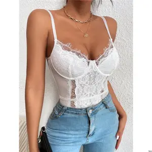Party Holiday Bodysuit Cami Contrast Allurite tiktok Mesh Eyelash Lace For Clothes