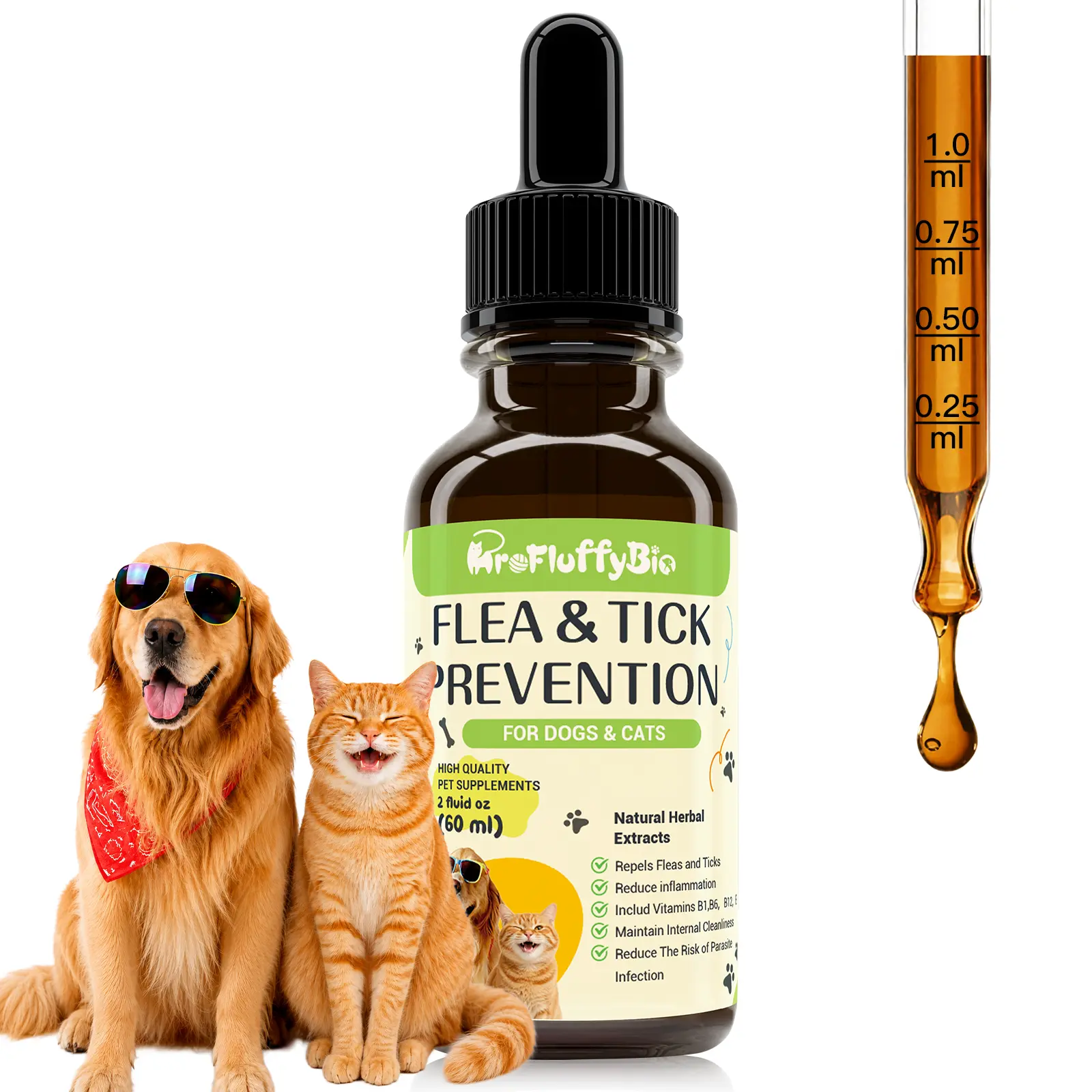 ProFluffyBio Pet Chicken Flavor Drops - Dog & Cat Vitamins Supplements, Syrups for Flea and Tick Prevention, 0.5 ml/1 ml Sizes, 24-Month Shelf Life, Easy Daily Feeding