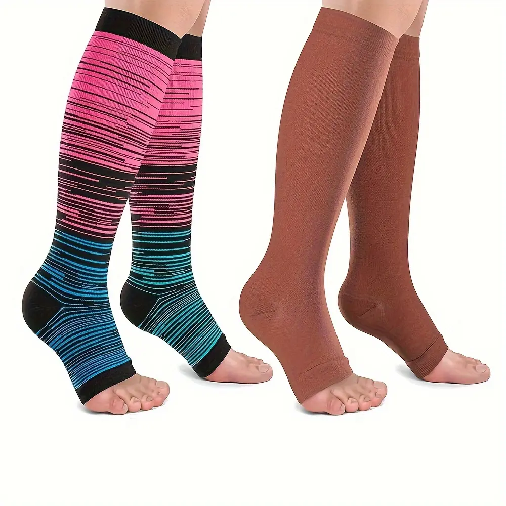 Toeless Compression Socks for Women & Men, 2 Pair Universal Set with Striped & Solid Styles, Open Toe Fit for Sports & Running, Running Accessories, Compression Stockings, Sports & Outdoor Accessories, Two Pair Set