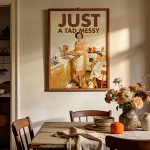 Retro Kitchen Chaos Print, Funny 50s Poster, Vintage Humour Wall Art, “Just a Tad Messy” Print