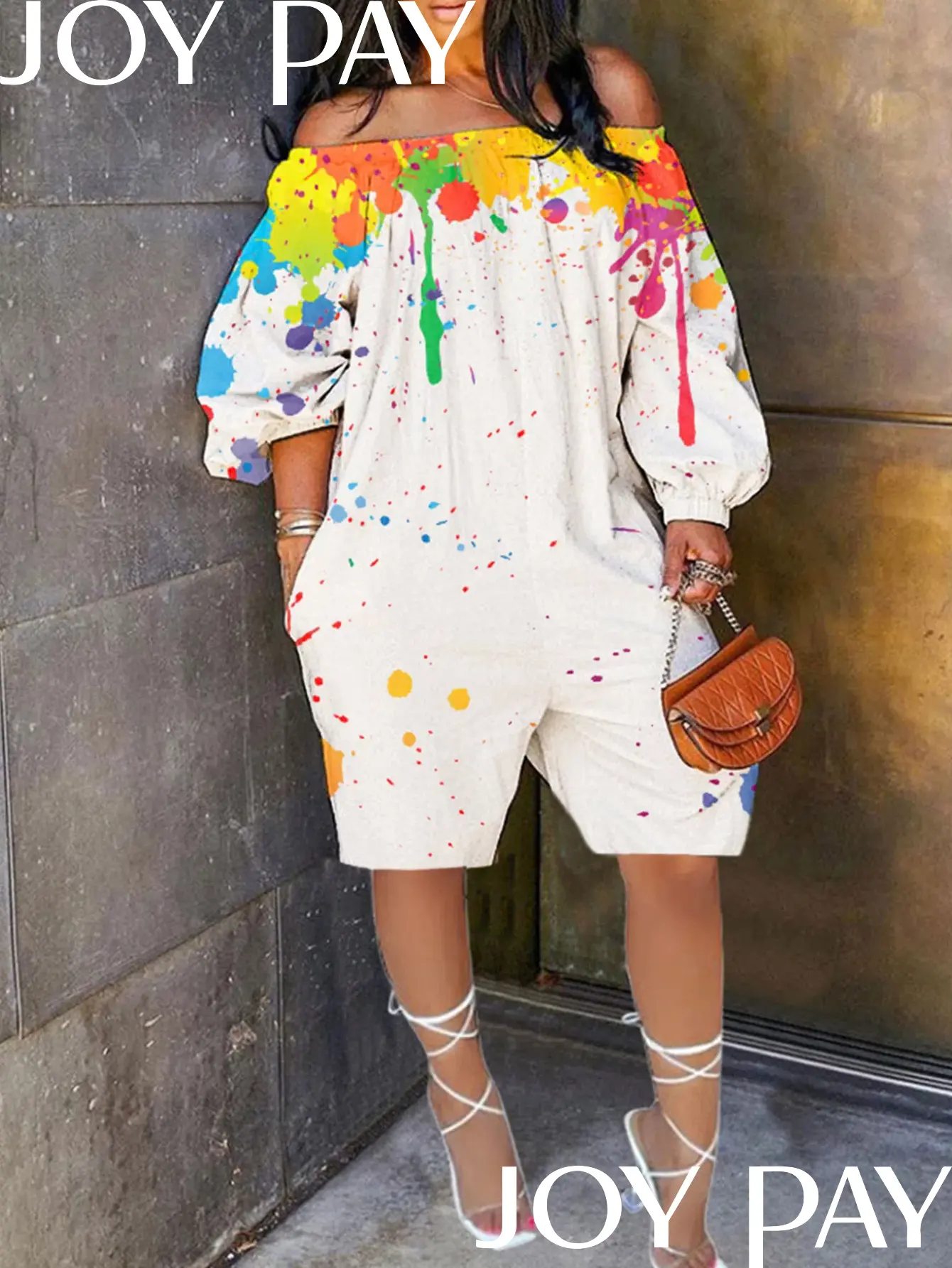 Women's Off Shoulder Paint Splash Romper Colorful Casual Loose Jumpsuit