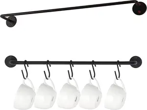 Coffee Mug Holder Wall Mounted,1PC Coffee Cup Holder Coffee Mug Rack for Wall Black Metal Rod with 5 Removable Hooks,Organize Cooking Utensils or Mugs for Kitchen Restaurant Bar (1)