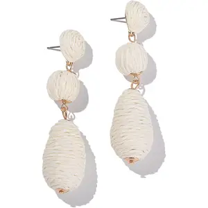 Boho Raffia Earrings Statement Dangle Earrings Cute Teardrop Ball Earrings Colorful Summer   Rattan Earrings for Women