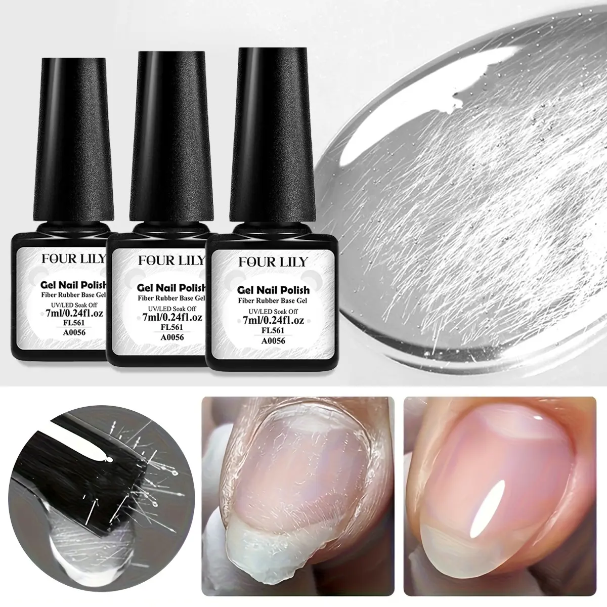 3Pcs Fiber Rubber Base Gel, Clear Reinforcement Base Coat, Soak Off UV Gel for Damaged Nail Repair, Nail Strengthener Manicure Supplies, Gel for Nails