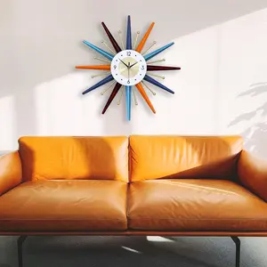 Wall Clock 24 InchLarge Vintage Metal Colorful Starburst Decorative Clocks Battery Operated, Living Room Bedroom Creative Mute Clock