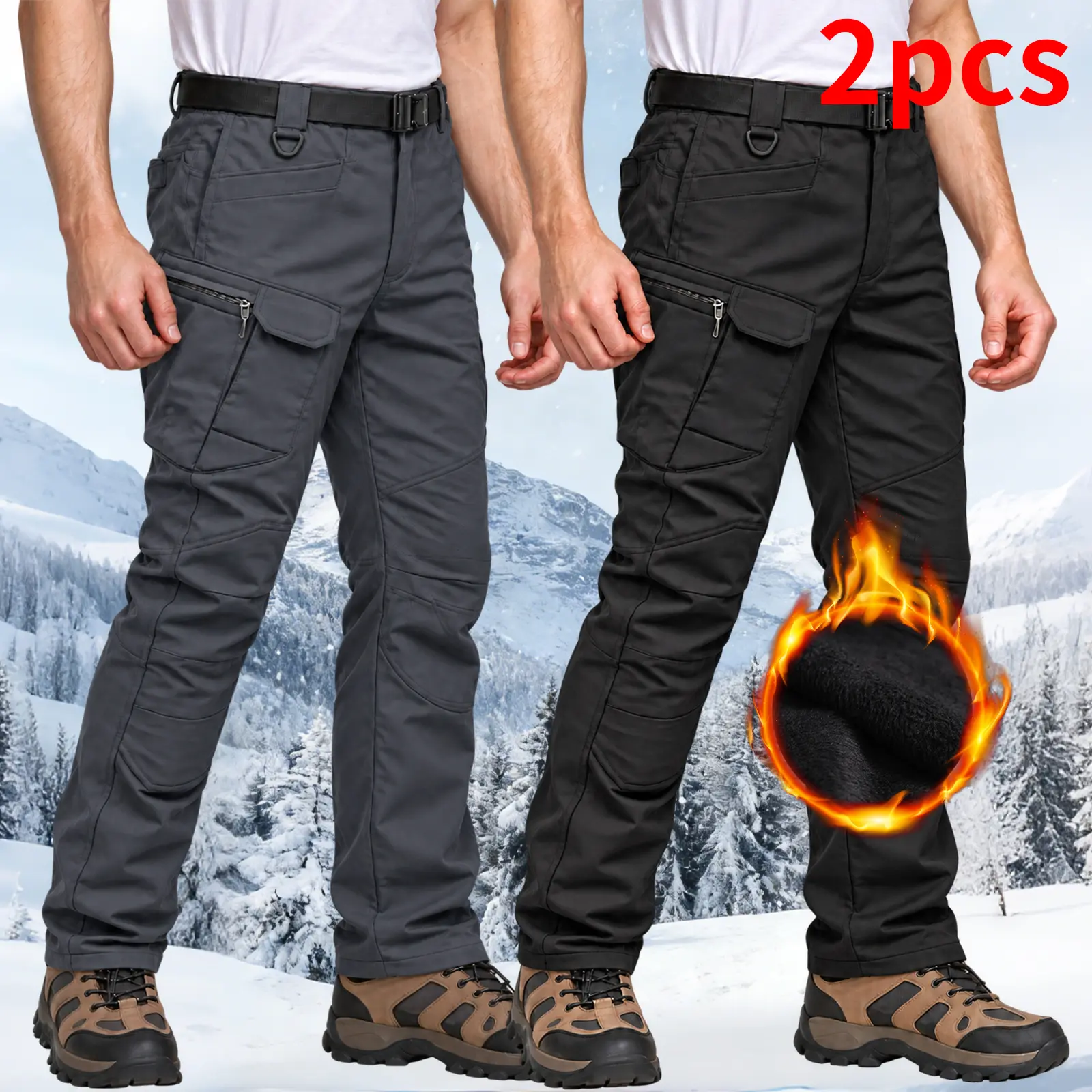 Homug 2-piece men's fleece tactical pants - Windproof and warm outdoor casual pants with multiple pockets; suitable for winter workwear, rock climbing and cold-weather activities (without waistband); outdoor thermal gear