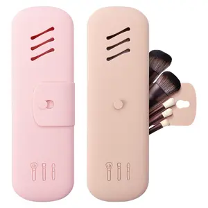 Travel Makeup Brush Holder, Travel Essentials makeup brush case, Silicone Make Up Organizer Bag Purse (Pink + Khaki)