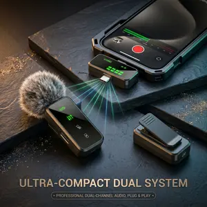 All-In-One Portable Clip Wireless Microphone, Digital Power Percentage Display, Advanced Noise Cancellation, 12-Hour Runtime Lapel Mic for Android iOS Short Video & Live Broadcast