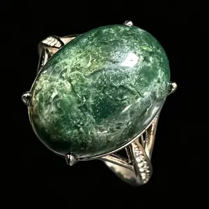 925 Sterling Silver Natural Moss Agate Adjustable Ring