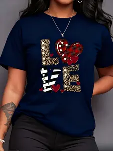 LOVE heart pattern printed short-sleeve crew neck casual T-shirt