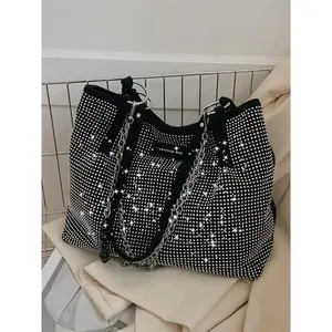 Women's Fashion Rhinestone Decorated Tote Bag, Stylish Large Capacity Commuter Bag, Trendy All-match Shoulder Bag for Work & School