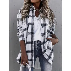 Women's Front Button Long Sleeve Plaid Casual Jacket, Loose Shoulder Pockets Plaid Windbreaker, Daily Wear