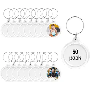 50 count Pendant Picture Frame Keyrings, Clear  Photo Frame Keyring Holder, Make Your Own Personalized Keyring Kit, Round Blank Photo Insert  for DIY Craft