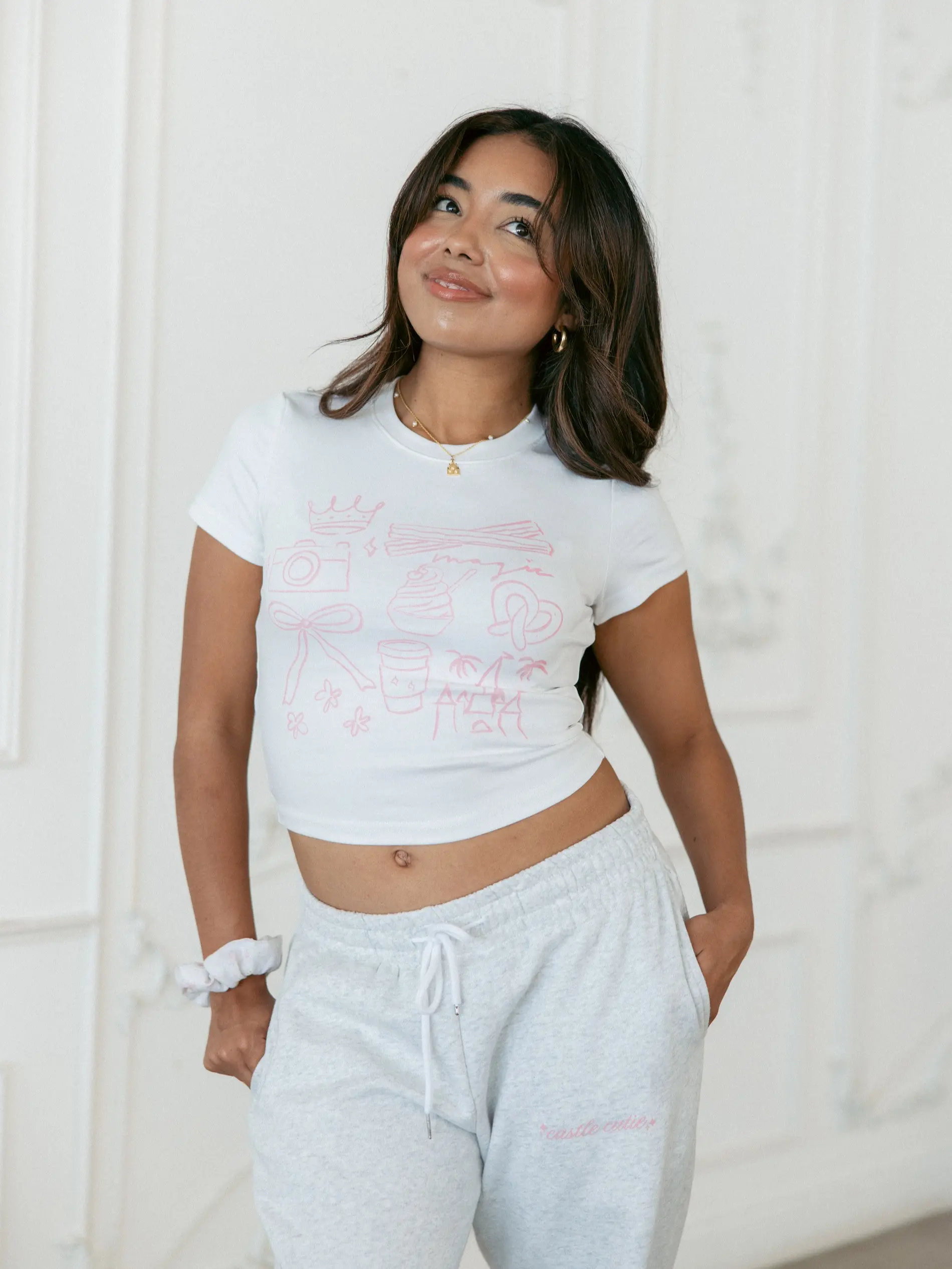 Snacks Baby Tee | white fitted semi cropped baby tee womenswear cotton graphic design doodles princess castle food camera